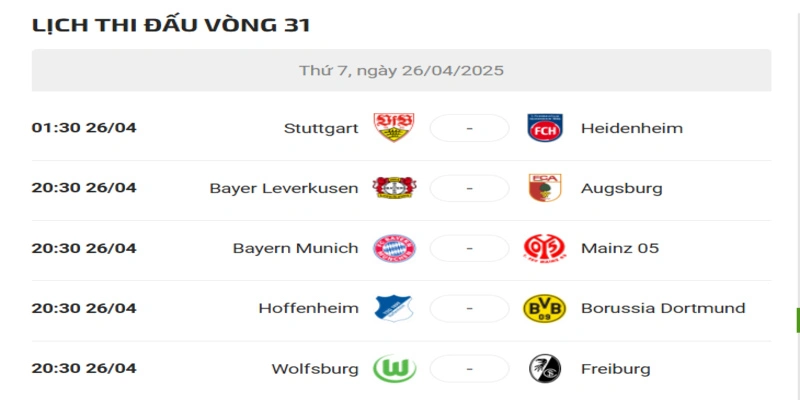 Lịch thi đấu Bundesliga sắp tới